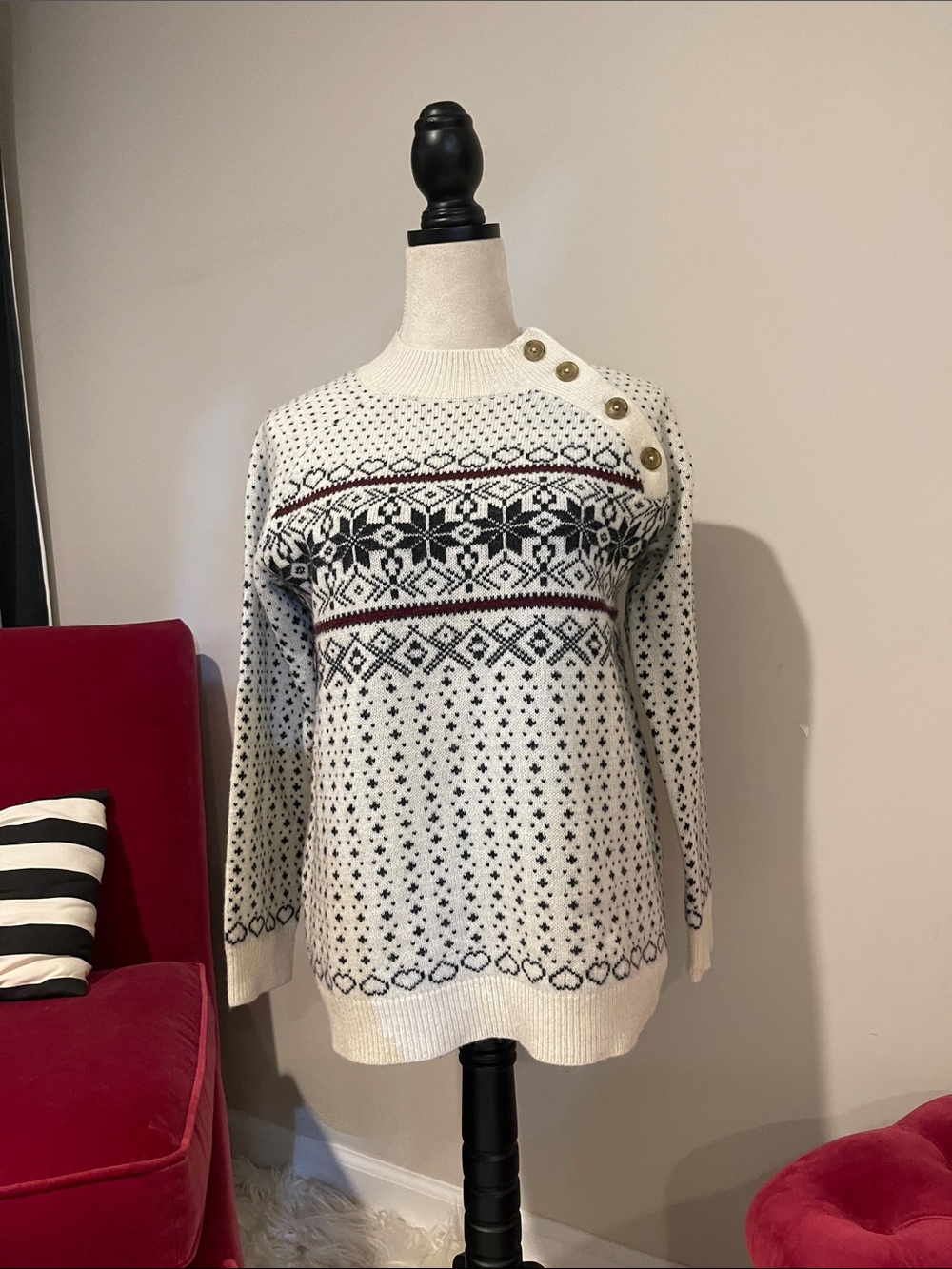 LL Bean 80% Wool Women's Cream Nordic Button-Shoulder Sweater